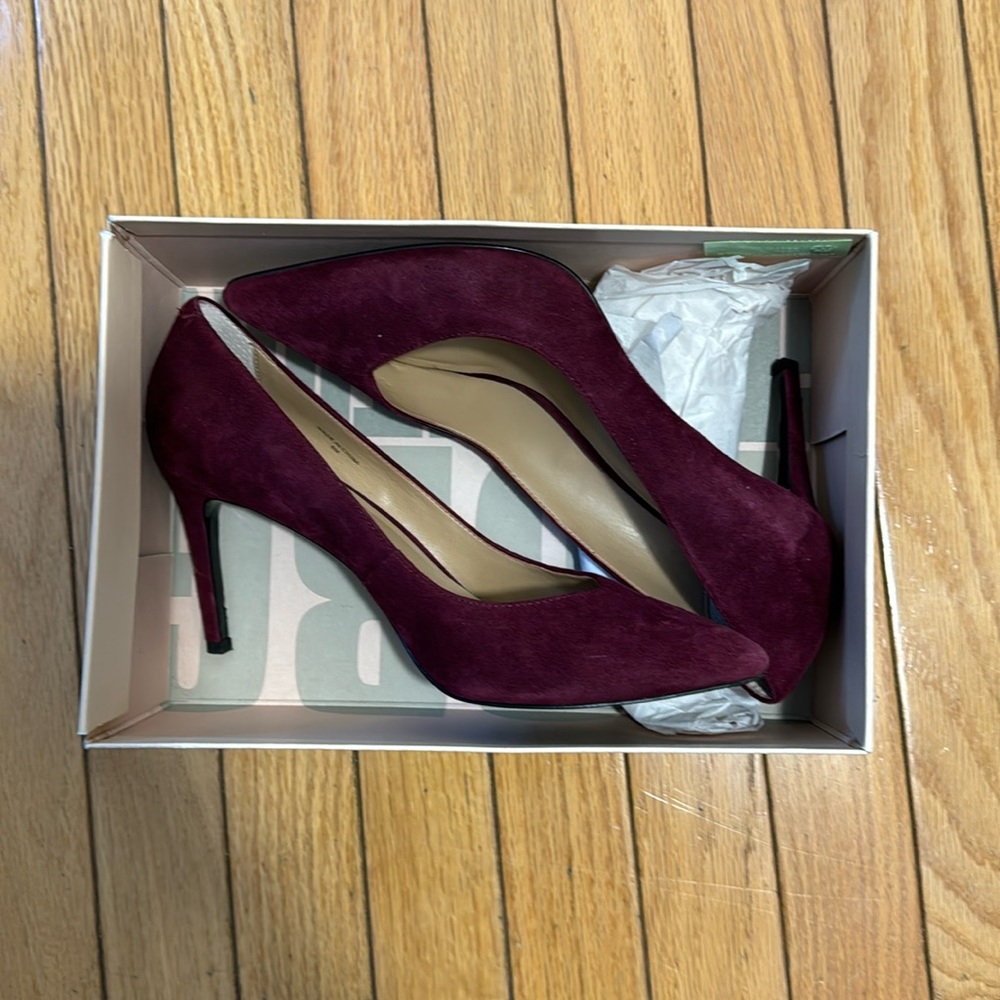 Burgundy suede, high heel shoes, size 8